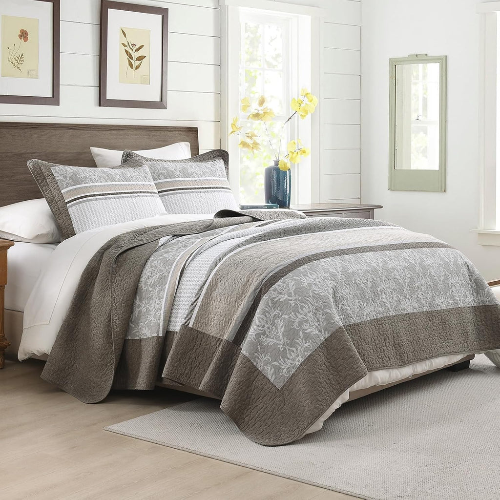 KALOOLA 100% Cotton Quilts Queen Size - Lightweight Quilted Bedding Set 3 Pcs, Farmhouse Printed Striped Bedspread with 2 Pillow Shams, Modern Bed Coverlet for All Season, Dark Brown/Charcoal/Beige
