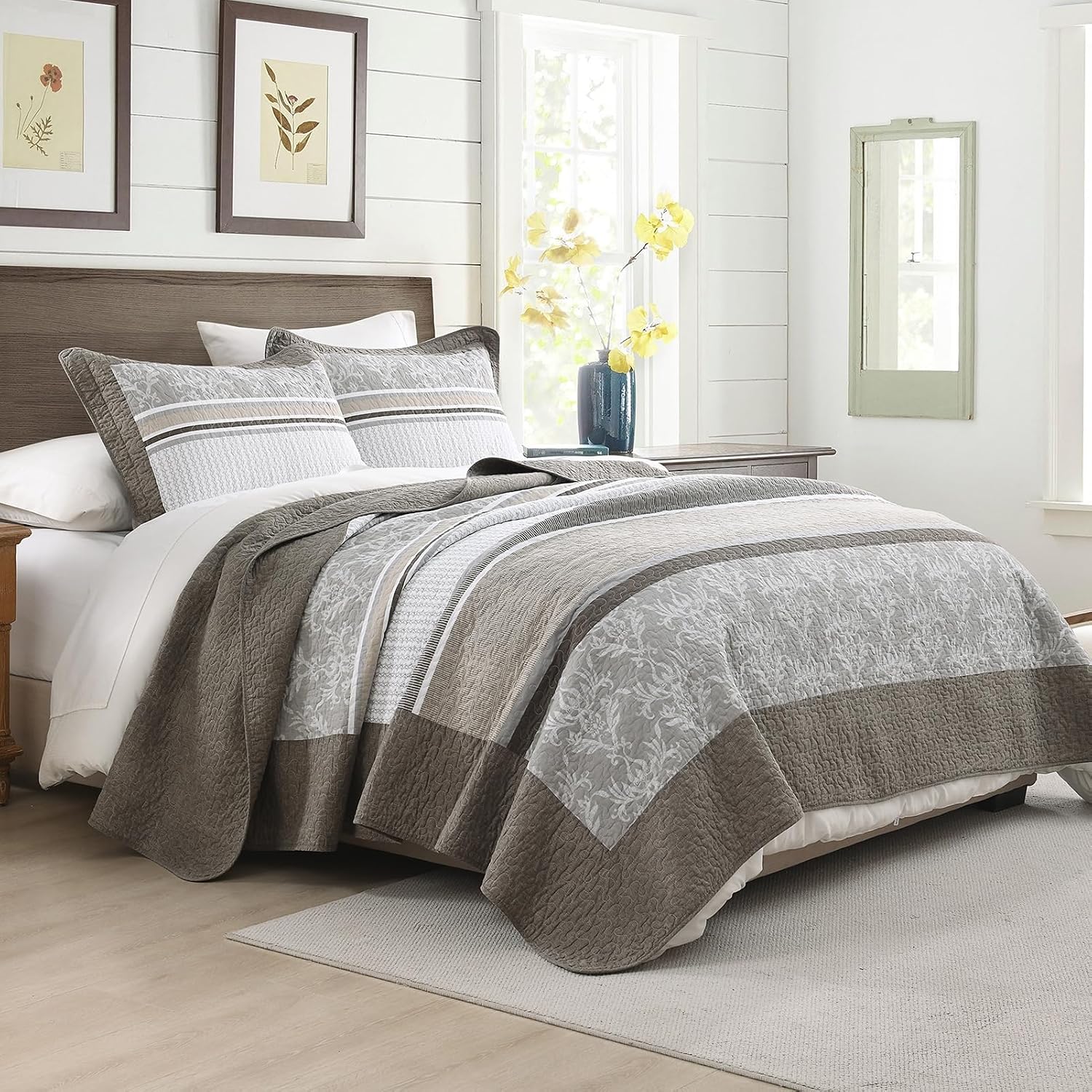 KALOOLA 100% Cotton Quilts Queen Size - Lightweight Quilted Bedding Set 3 Pcs, Farmhouse Printed Striped Bedspread with 2 Pillow Shams, Modern Bed Coverlet for All Season, Dark Brown/Charcoal/Beige