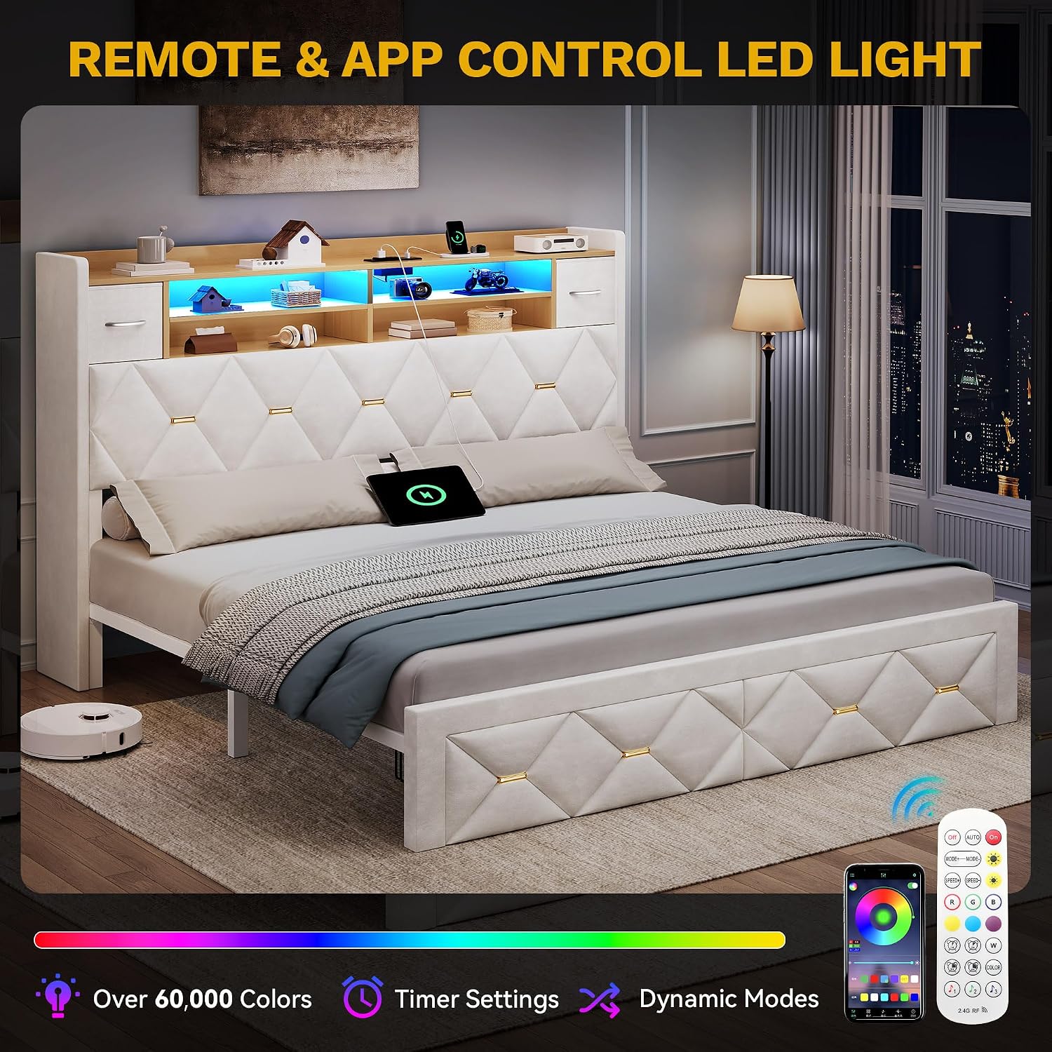 DWVO King Size Bed Frame with 2 Storage Drawers and Storage Headboard, Upholstered Platform with Charging Station and LED Light, No Box Spring Needed, Noise Free, Easy Assembly, Velvet White