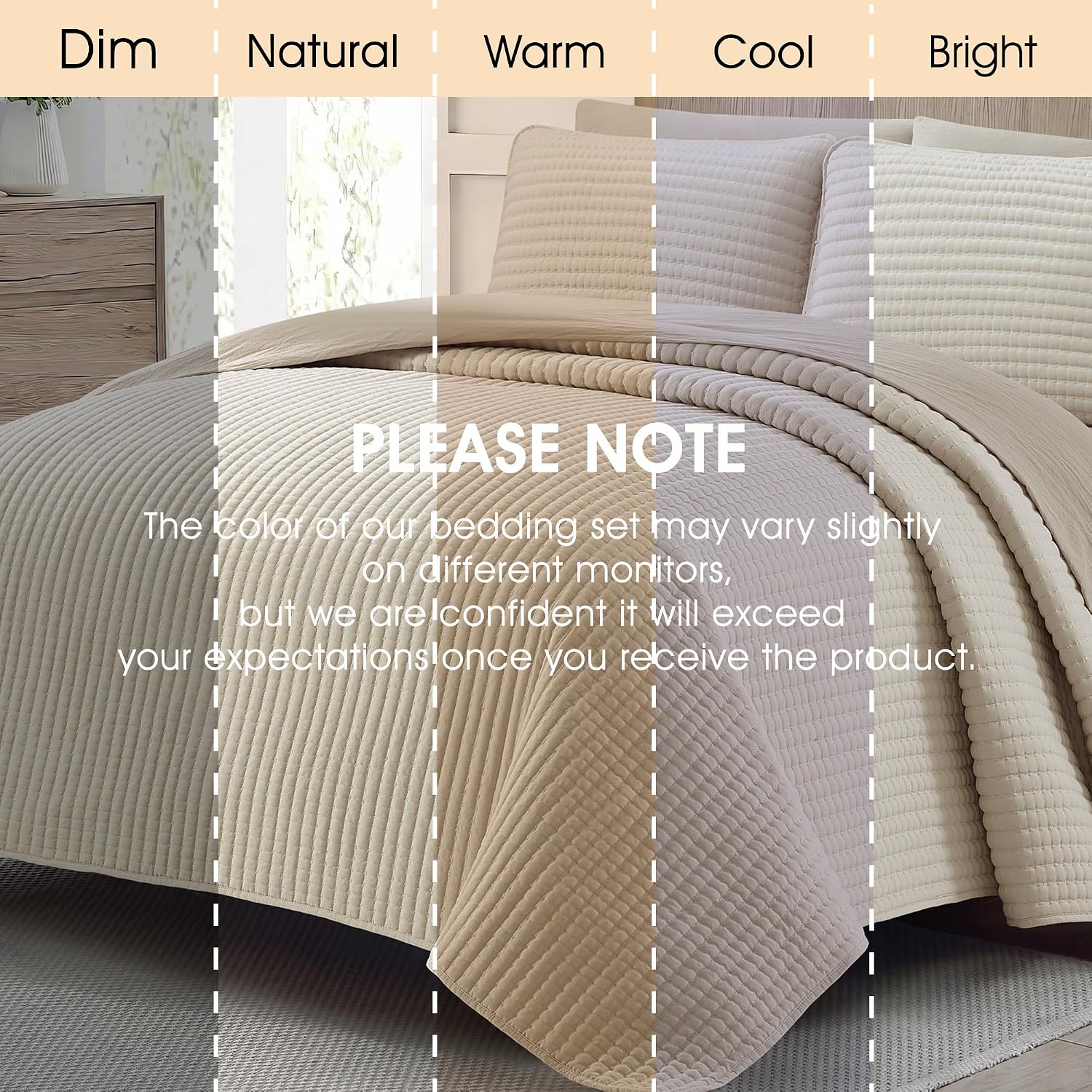 LANCO MODERN LIFESTYLE 7 Piece King Quilt Set, Beige, Microfiber Solid Striped Bedding Set, Soft and Luxury Bed in a Bag, Includes Quilt, Pillow Shams, Flat Sheet, Fitted Sheet, and Pillowcases