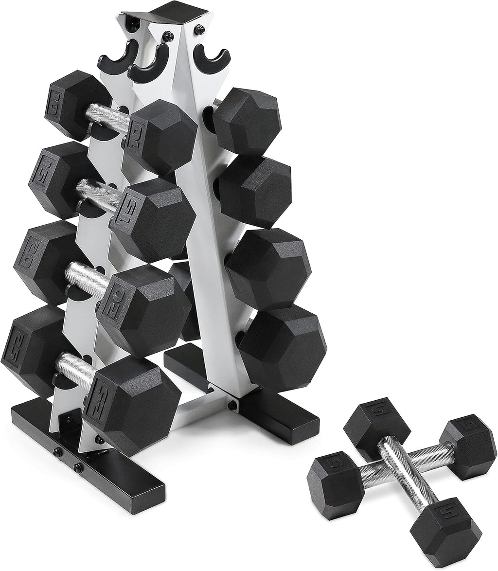 WF Athletic Supply 5-25Lb Rubber Coated Hex Dumbbell Set with A Frame Storage Rack Non-Slip Hex Shape for Muscle Toning, Strength Building & Weight Loss - Multiple Choices Available