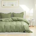 Simple&Opulence 100% Linen Duvet Cover Set, 3 PCS Natural French Flax Sage Green Ruffle Duvet Cover Queen Size, Breathable Comfy Linen Bedding Comforter Cover with 2 Pillowcases(Sage Green, 88' X 92')