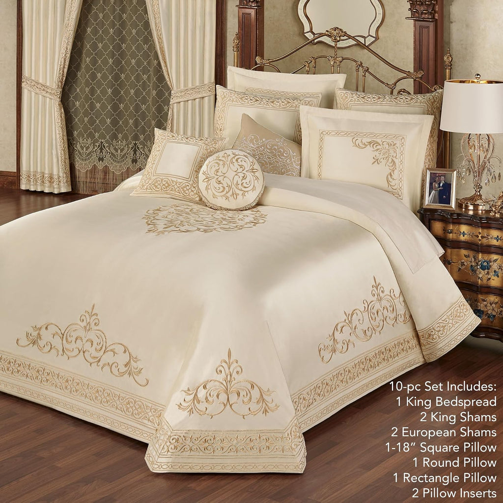 Versailles Luxury Bedding | Classic Pearl | Palace-Inspired French Style Golden Scrollwork Embroidery | 10 Pc Set: King Bedspread, 2 King Shams, 2 Euro Shams, 2 Euro Pillow Inserts & 3 Pillows