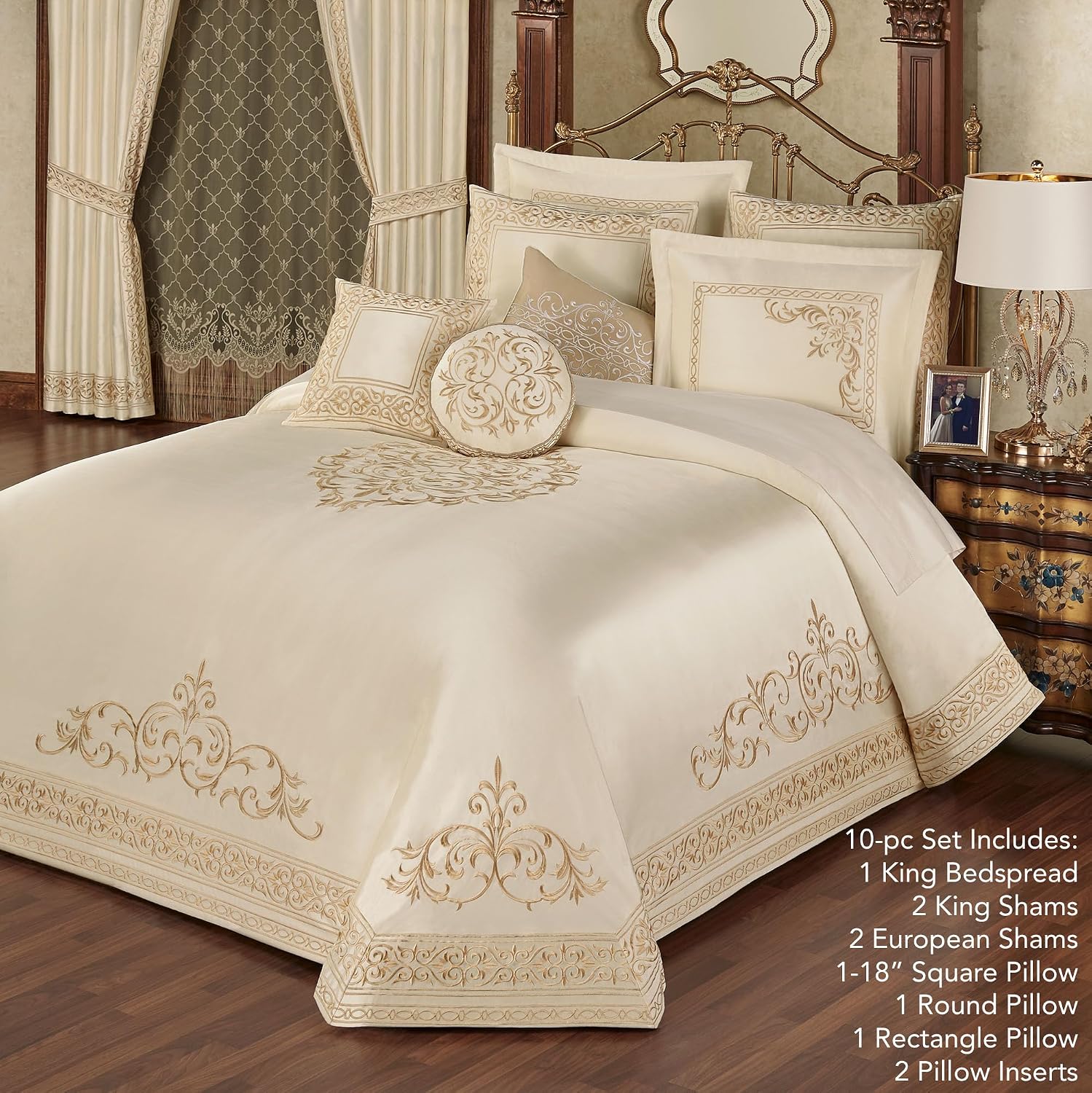 Versailles Luxury Bedding | Classic Pearl | Palace-Inspired French Style Golden Scrollwork Embroidery | 10 Pc Set: King Bedspread, 2 King Shams, 2 Euro Shams, 2 Euro Pillow Inserts & 3 Pillows