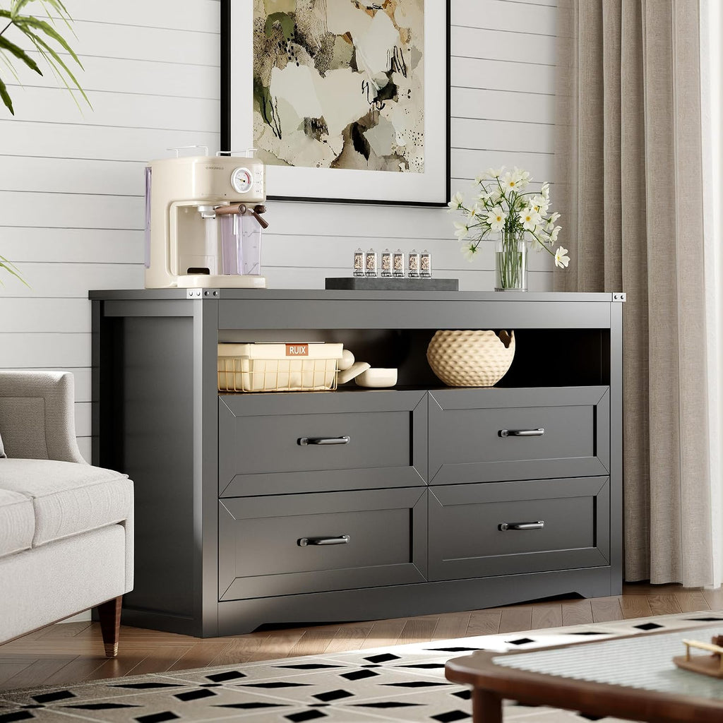 Dresser for Bedroom with 4 Drawers, Farmhouse Chest of Drawers with Natural Texture and LED Lights, Wide Wood Rustic Closet Storage Organizer, Modern Dresser TV Stand for Living Room, Entryway, Black