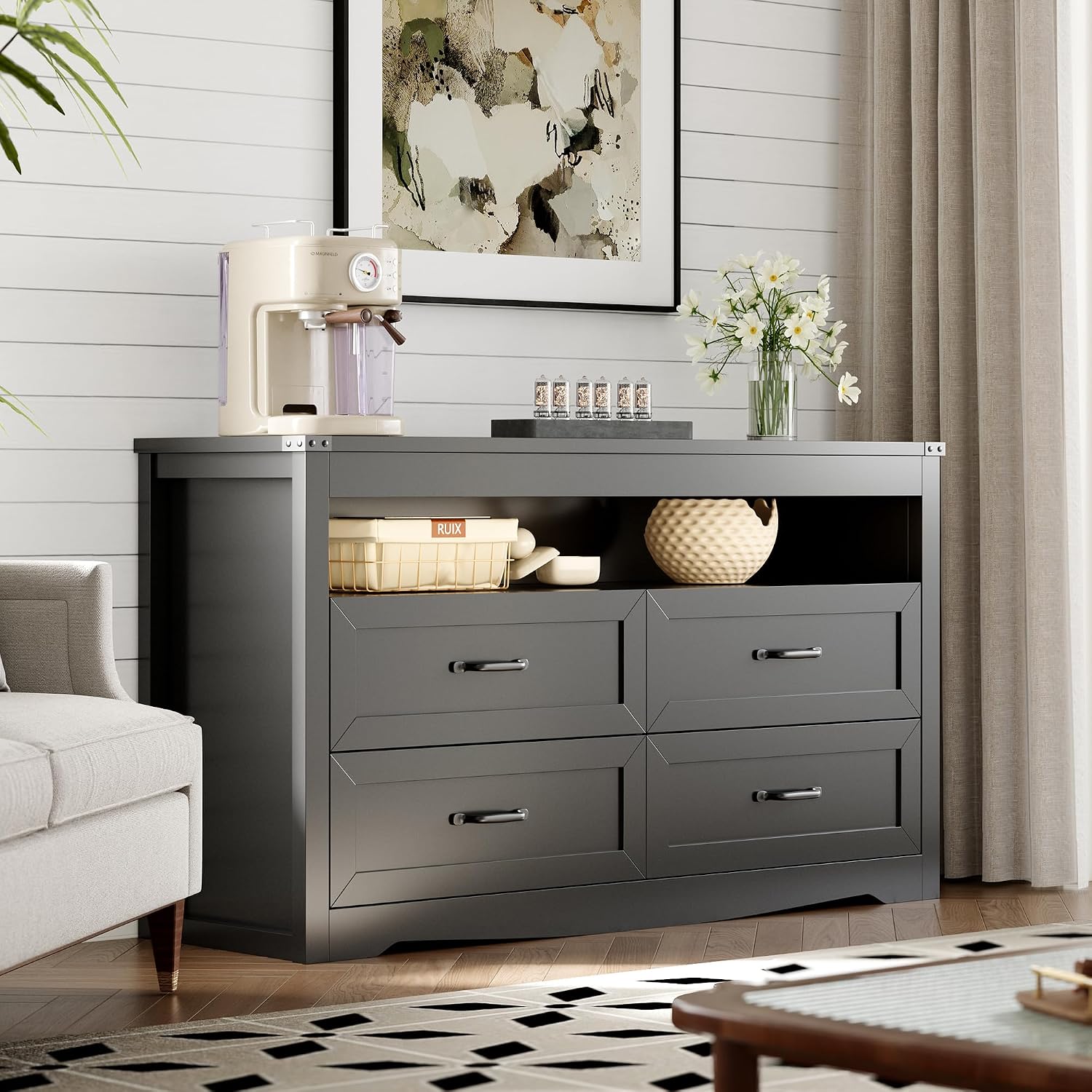 Dresser for Bedroom with 4 Drawers, Farmhouse Chest of Drawers with Natural Texture and LED Lights, Wide Wood Rustic Closet Storage Organizer, Modern Dresser TV Stand for Living Room, Entryway, Black