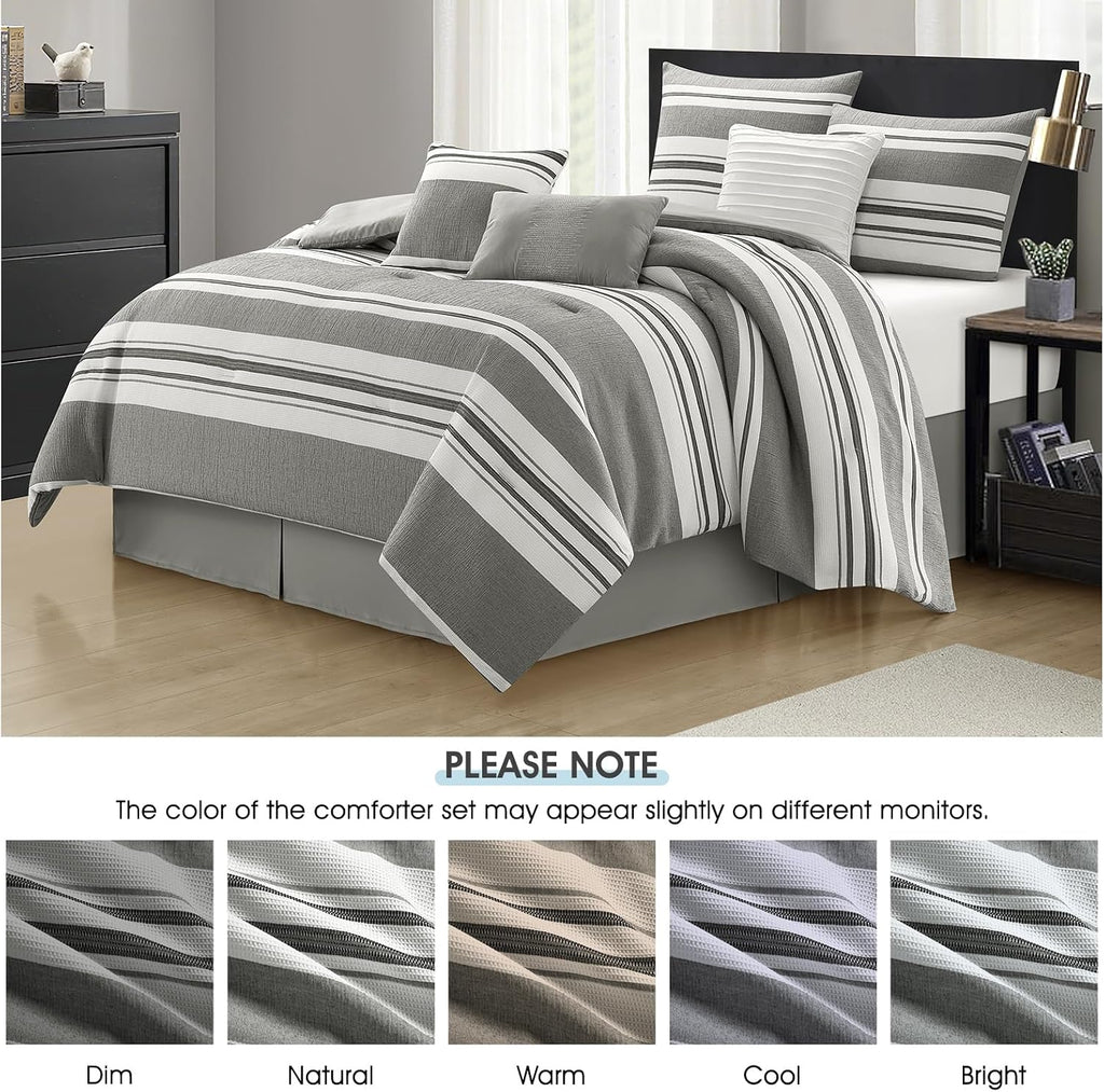 LANCO MODERN LIFESTYLE 7 Piece King Size Comforter Set, White Grey, Striped Jacquard Design, Soft and Cozy for All Seasons, Bed in a Bag with Comforter, Pillow Shams, Decorative Pillows and Bedskirt