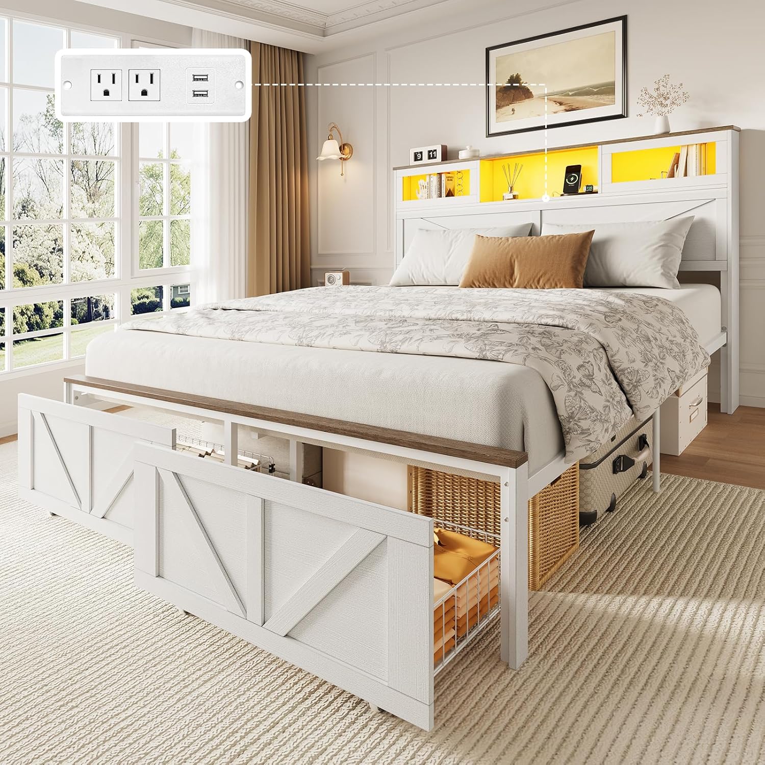 Yoobure Full Size Bed Frame with Headboard, Full Bed Frame with Charging Station, LED Beds with 2 Storage Drawers, Wood Farmhouse Bedframe, Noise-Free and No Box Spring Needed, White
