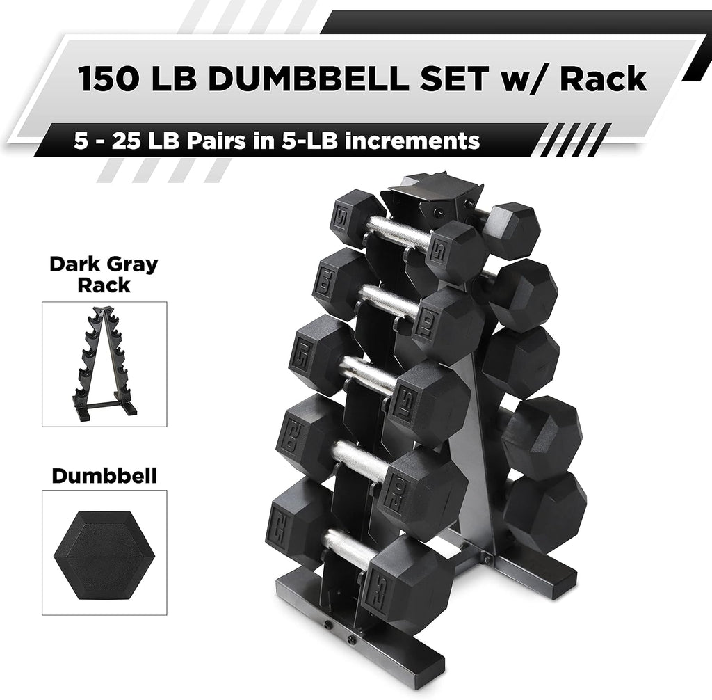 WF Athletic Supply 5-25Lb Rubber Coated Hex Dumbbell Set with A Frame Storage Rack Non-Slip Hex Shape for Muscle Toning, Strength Building & Weight Loss - Multiple Choices Available