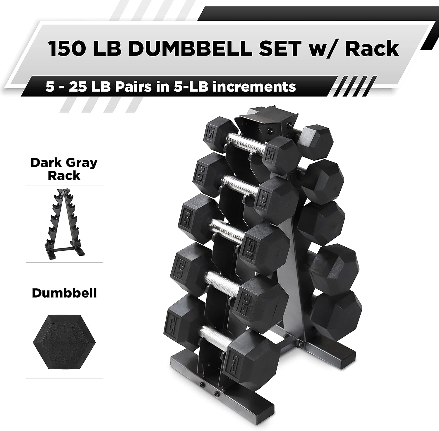 WF Athletic Supply 5-25Lb Rubber Coated Hex Dumbbell Set with A Frame Storage Rack Non-Slip Hex Shape for Muscle Toning, Strength Building & Weight Loss - Multiple Choices Available
