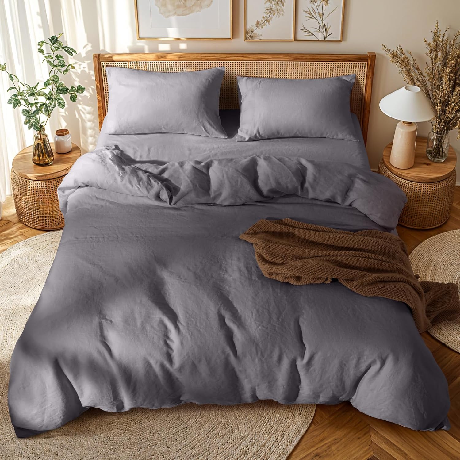 LBRO2M 100% France Linen Duvet Cover Set 3 Pcs Natural Flax Duvet Cover Set 2 Pillowcase 1 Duvet Cover with Zipper (Dark Gray Full)
