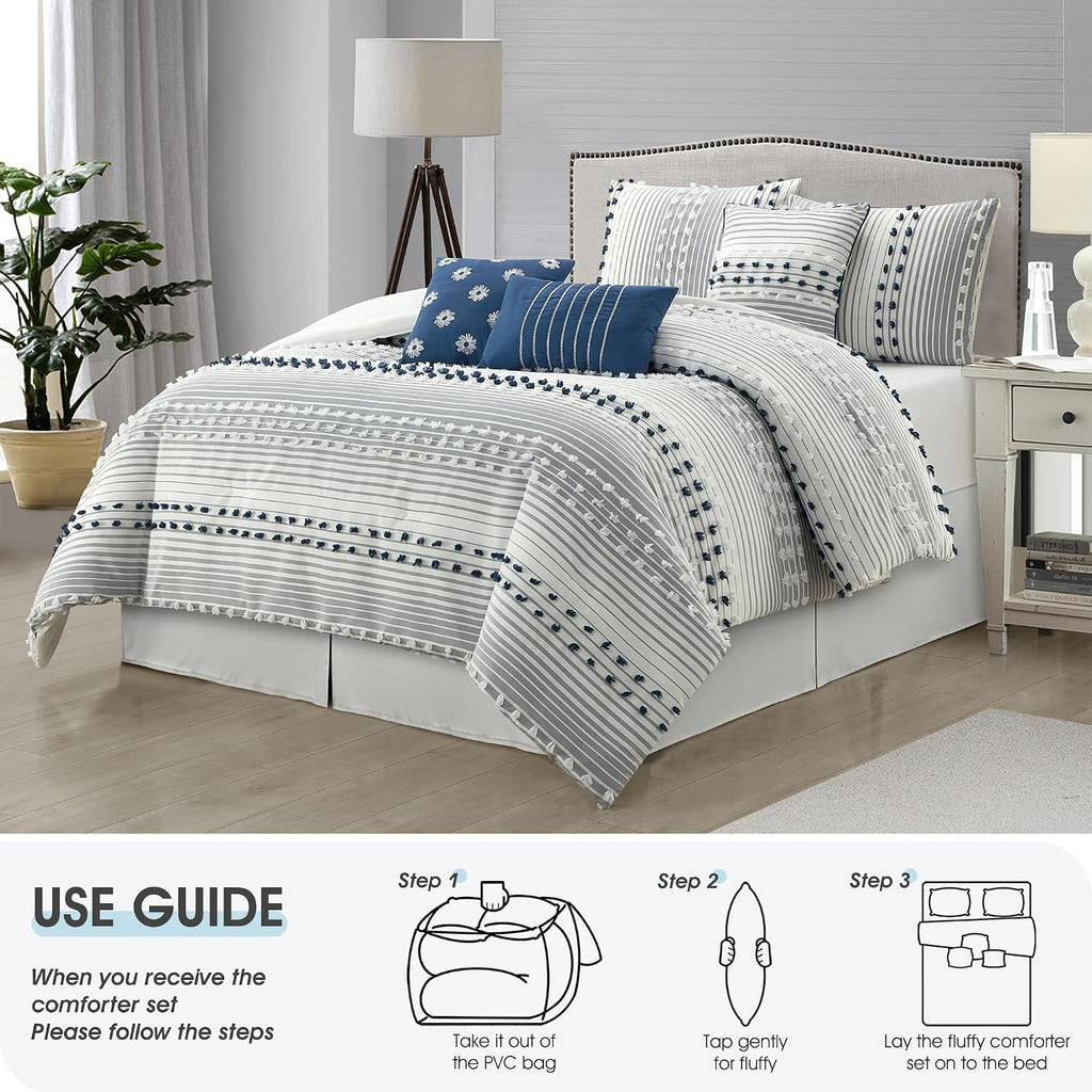 LANCO MODERN LIFESTYLE King Comforter Set, Blue, Jaquard Clip Striped Design, Elegant Soft 7 Pieces Bedding Set for All Seasons, Matching Bedskirt, Pillow Shams and Decor Pillows