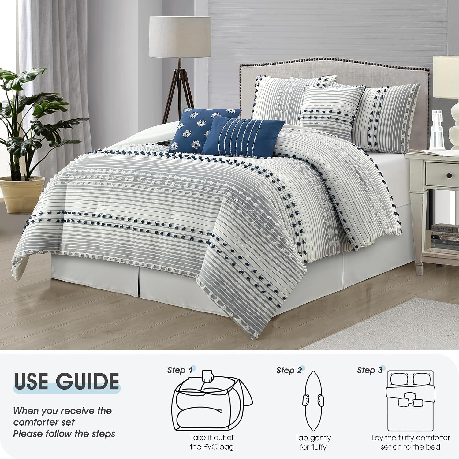 LANCO MODERN LIFESTYLE King Comforter Set, Blue, Jaquard Clip Striped Design, Elegant Soft 7 Pieces Bedding Set for All Seasons, Matching Bedskirt, Pillow Shams and Decor Pillows