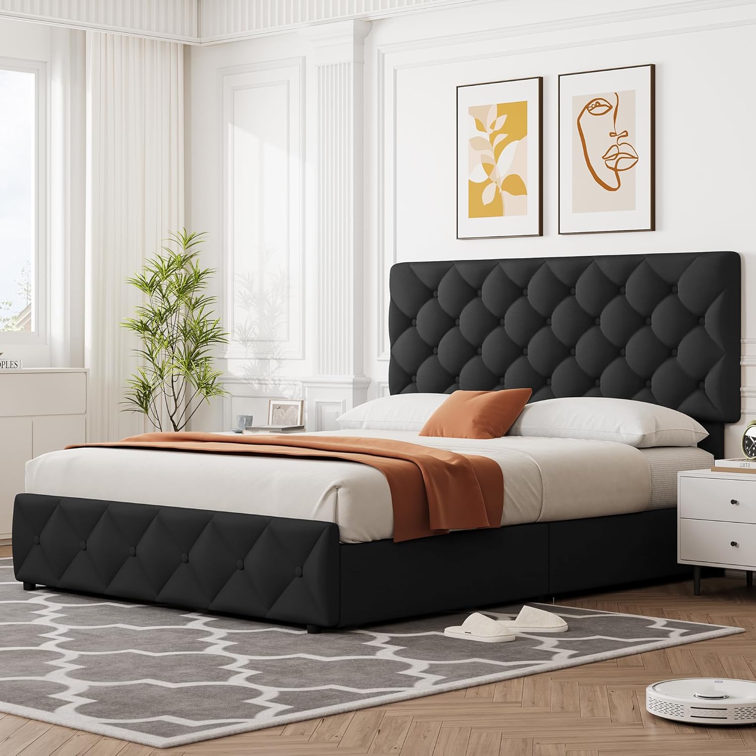Full Size Bed Frame with 4 Storage Drawers, Linen Upholstered Platform Bed Frame with Headboard and Footboard, Wooden Slats Support, Diamond Stitched Button Tufted, No Box Spring Needed, Black