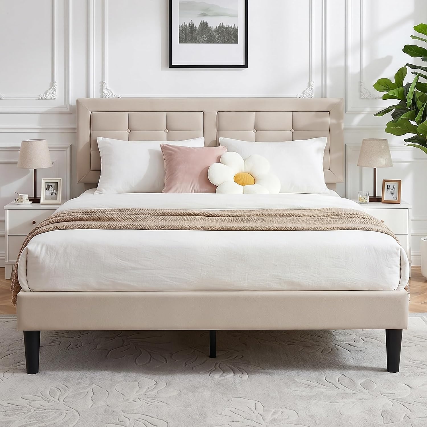 VECELO Full Size Bed Frame, Adjustable Upholstered Button Tufted Headboard, Heavy-Duty Bedframe with Wood Slats Support, No Box Spring Needed, Beige