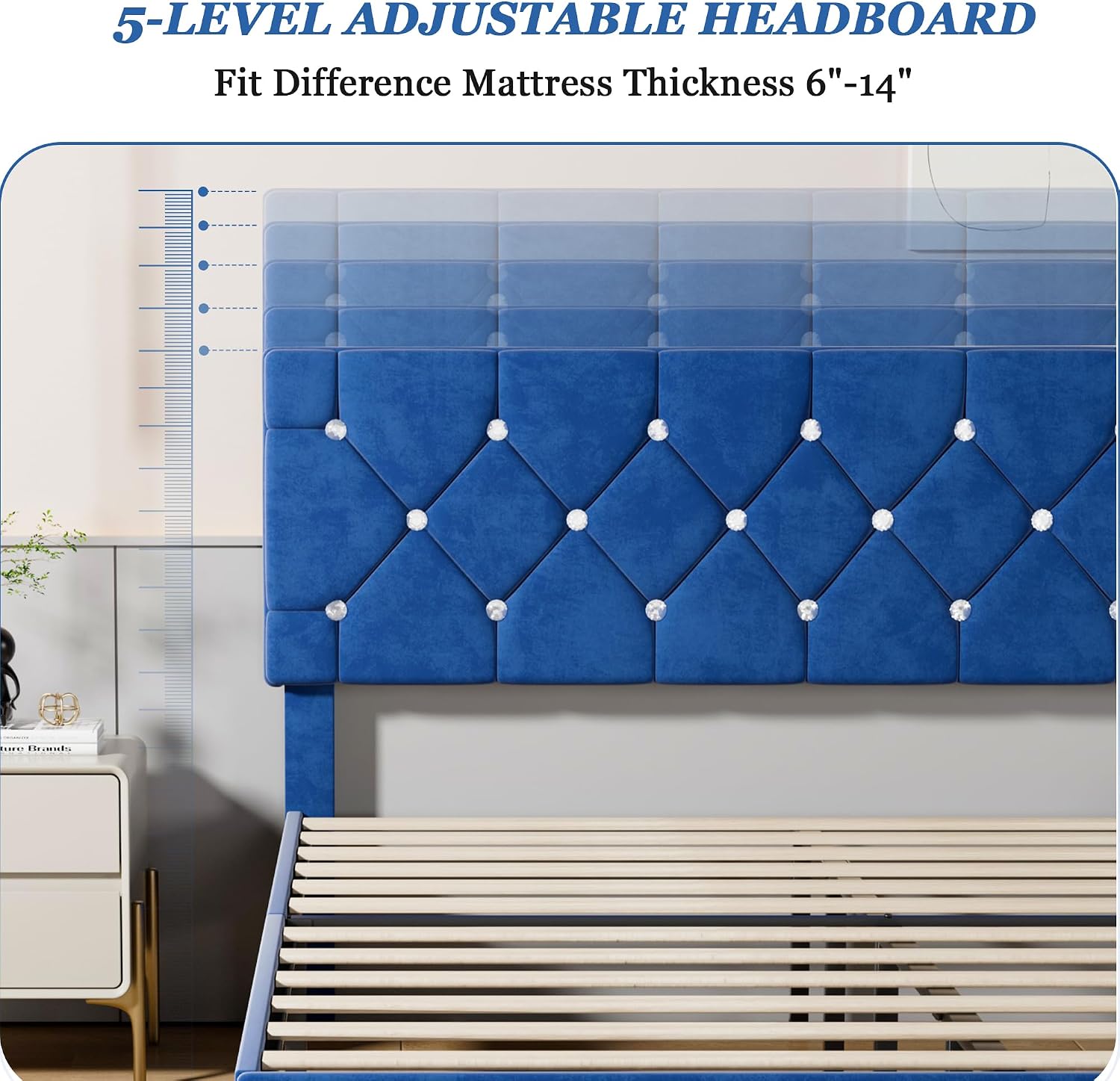 VECELO Queen Size Bed Frame, Upholstered Platform with Adjustable Diamond Tufted Headboard, Wood Slat Support, No Box Spring Needed, Navy Blue