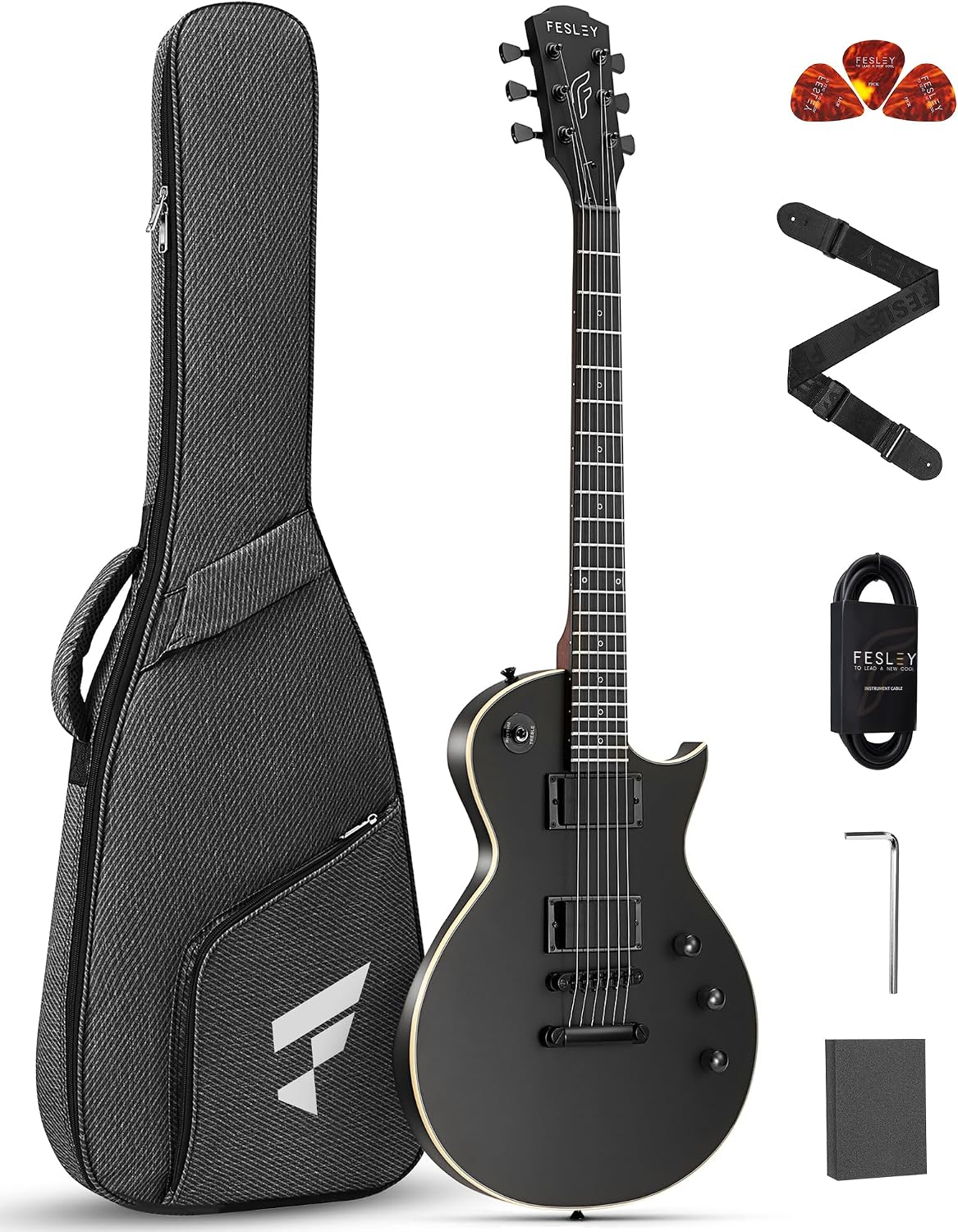 Fesley 39' LP Electric Guitar Kit: Full Size Solid Body Electric Guitars for Beginners with Humbucker Pickups, Poplar Body, Mahogany Neck,22 Frets,6 String Guitar with Gig Bag,Cable,FLP350,Matte,Black