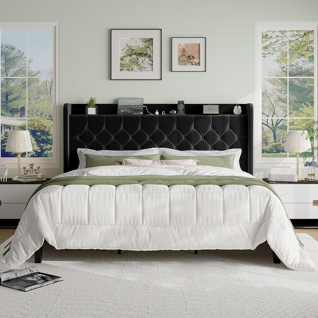 SHA CERLIN King Size Platform Bed Frame with Charging Station, Velvet Wingback Headboard with Storage Shelf, Wooden Slats Support, Ample Under-Bed Space, No Box Spring Needed, Easy Assembly, Black