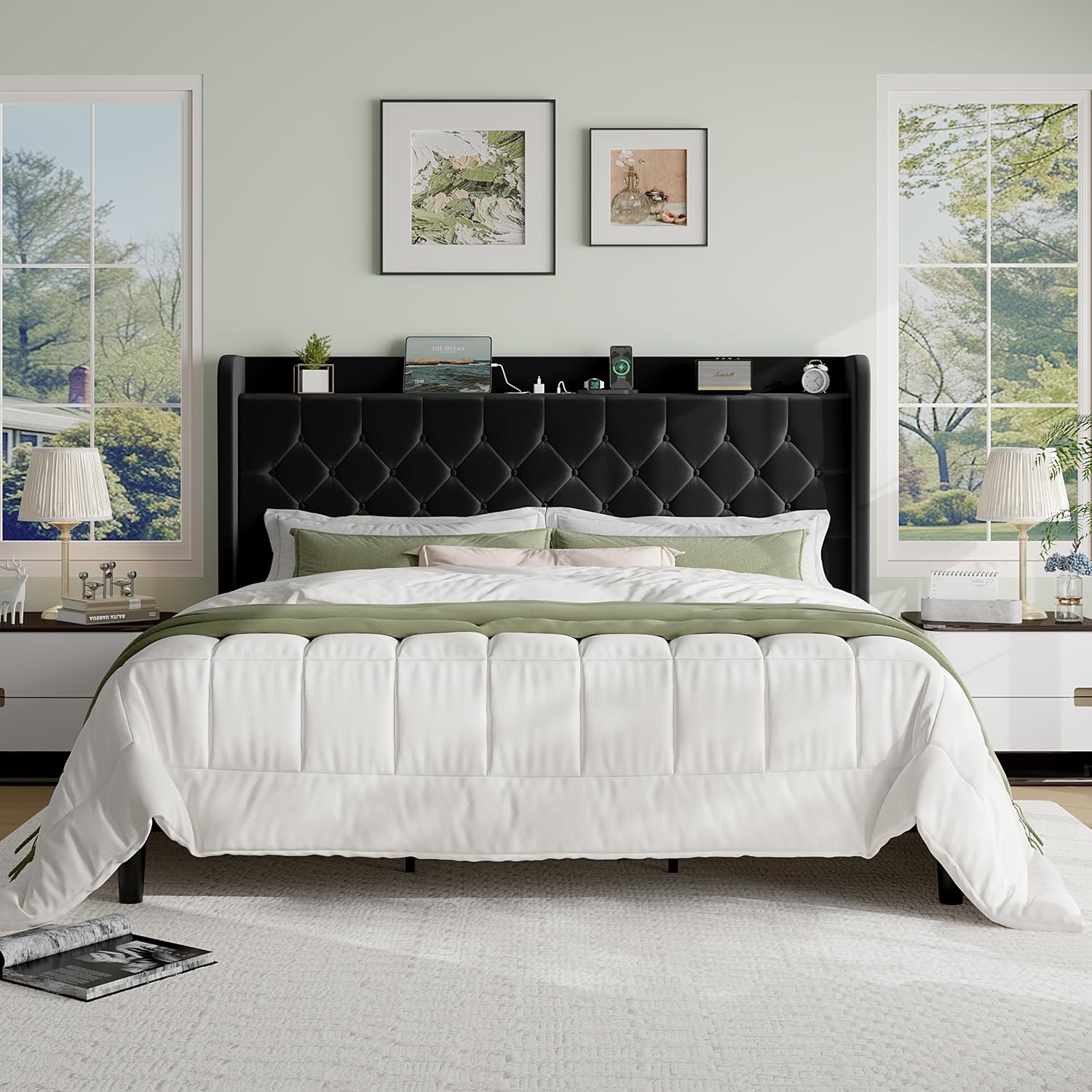 SHA CERLIN King Size Platform Bed Frame with Charging Station, Velvet Wingback Headboard with Storage Shelf, Wooden Slats Support, Ample Under-Bed Space, No Box Spring Needed, Easy Assembly, Black