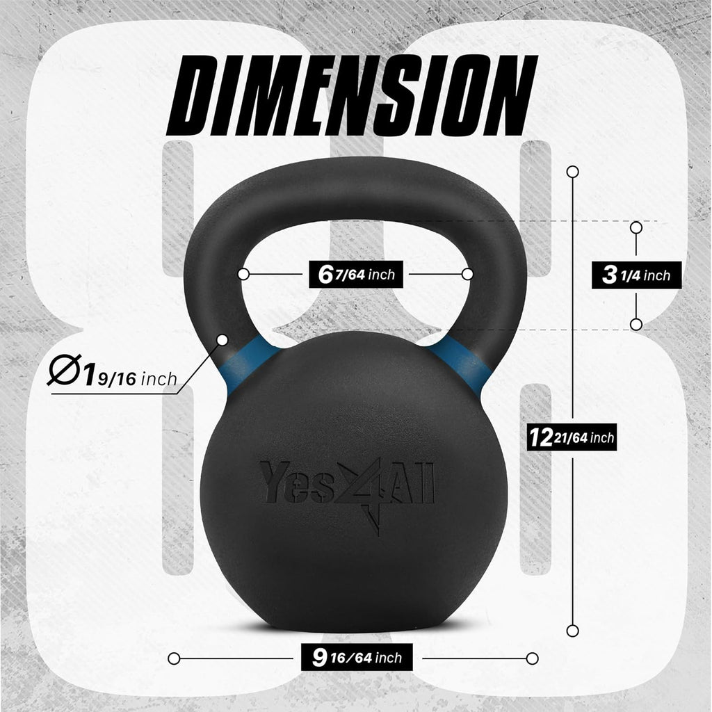 Yes4All Powder Coated Kettlebell, Cast Iron Core Kettlebells with Non-Slip Handle & Flat Bottom for Conditioning, Heavy Duty for Strength Training, 9lb to 71lb - Single & Pair