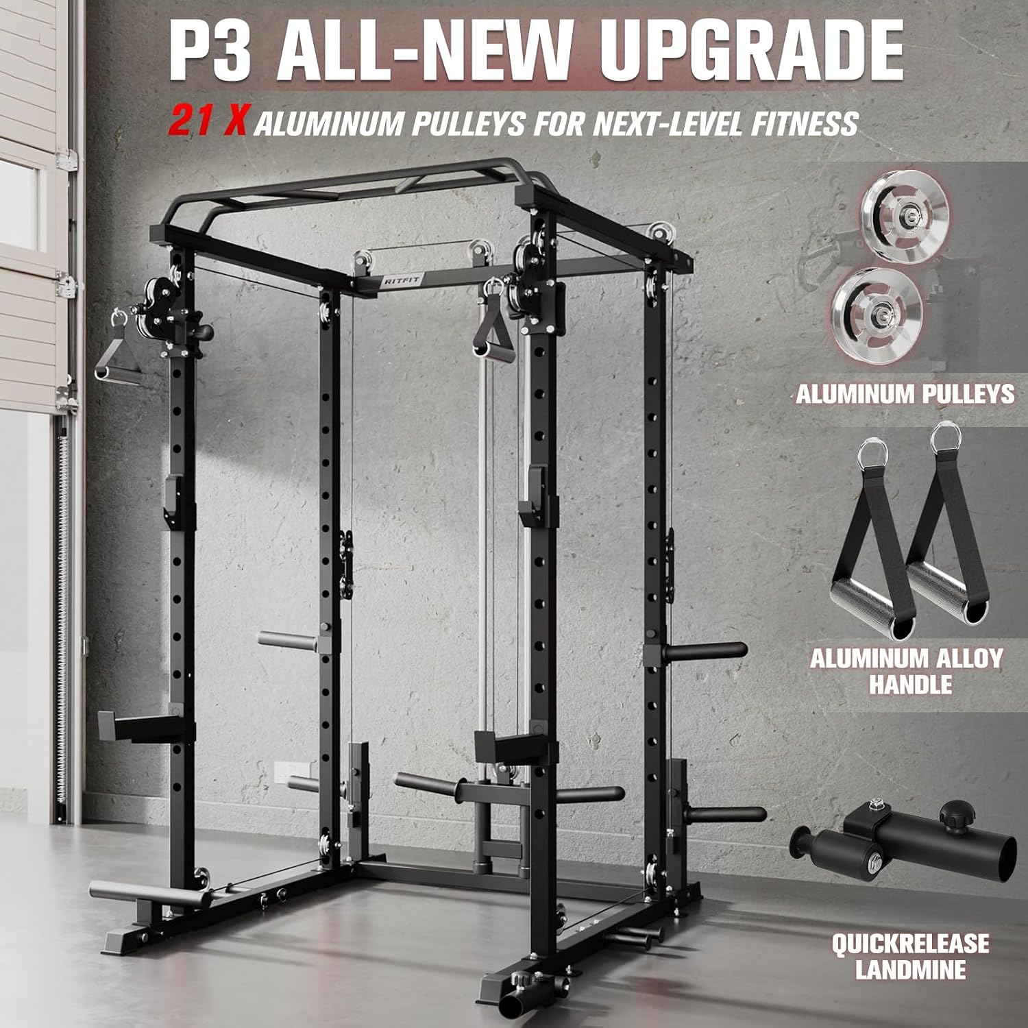 RitFit Multi-Function Garage & Home Gym Package Includes 1200LBS Power Cage PPC03/P3 with Cable Crossover System, Weight Bench, Olympic Barbell Weight Set, Full Body Workout