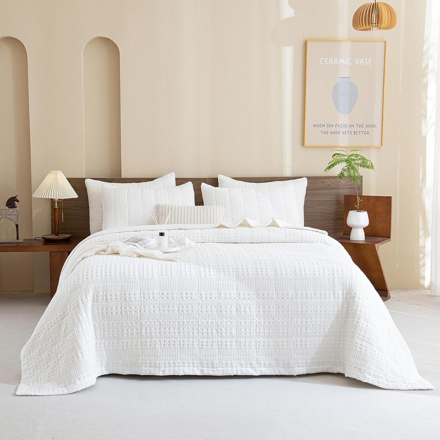 Sanracie Cotton Oversized King Bedspread(120'x120'),White Waffle Quilt Set 3Pcs Soft Lightweight Extra Large King Quilt Bedding Set,Farmhouse Coverlet Quilt Set Shabby Vintage Chic Bedding Set