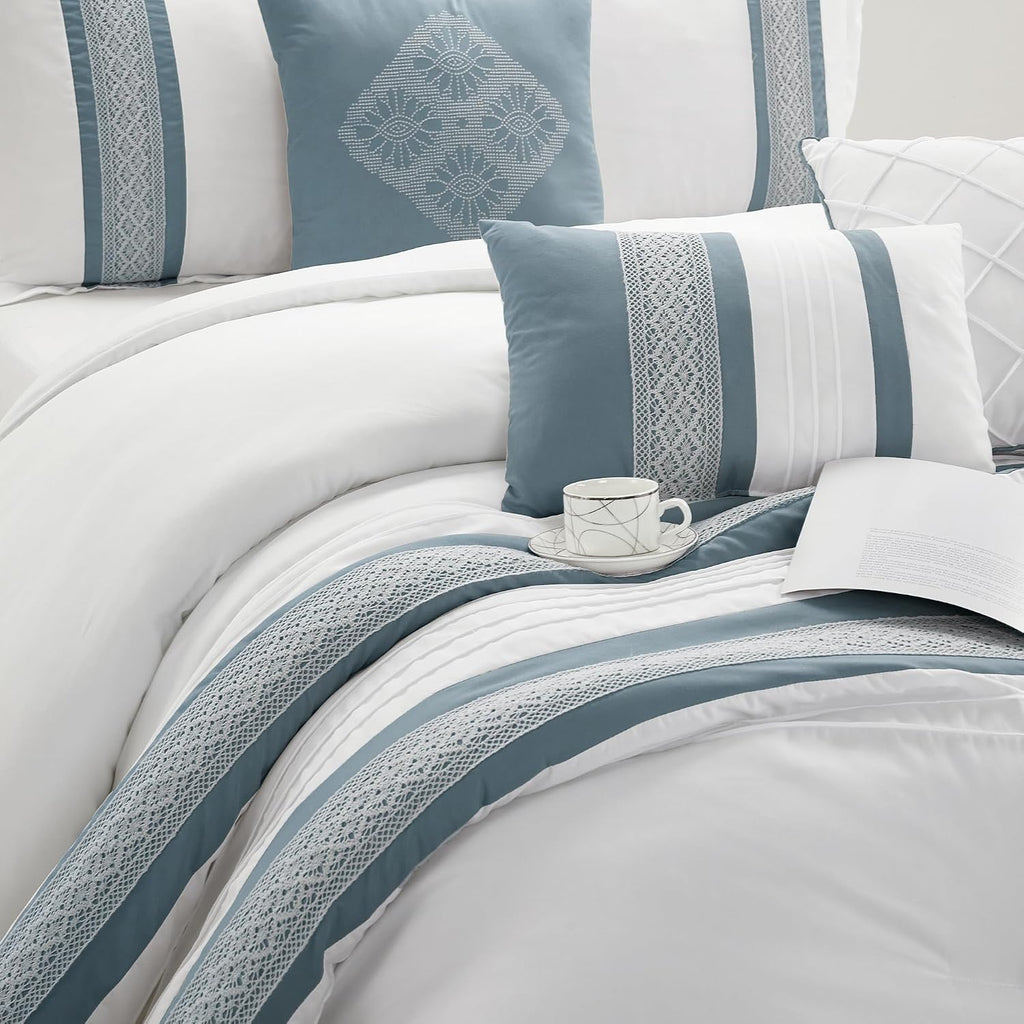 Grand Avenue Striped 7 Piece Blue Comforter Set, California King Size Microfiber Bedding, All Season Polyester Bedding Set, Bed Skirt, Pillows & Shams