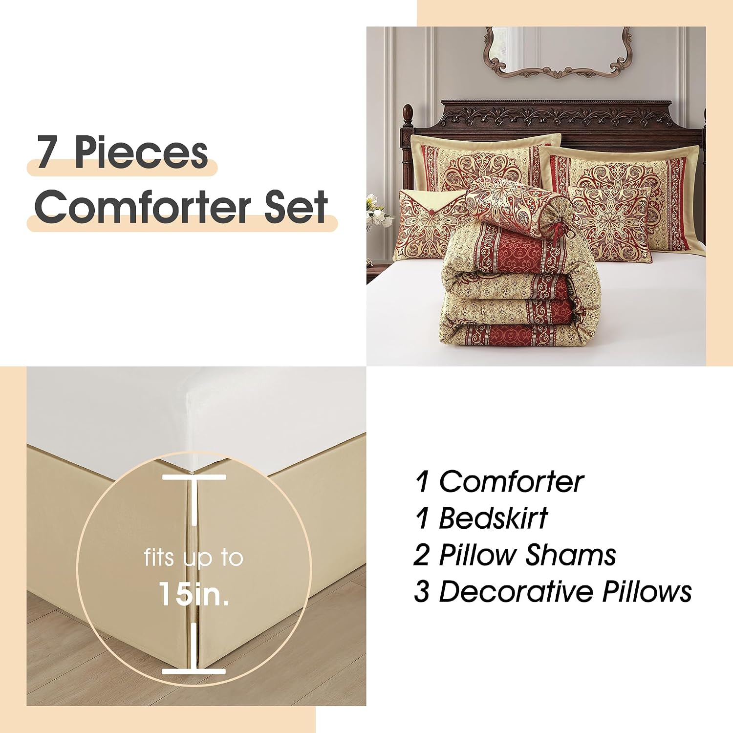 LANCO MODERN LIFESTYLE California King Comforter Set, Wine Gold Medallion Jacquard Design, Luxurious Bohemian 7 Pieces Bedding Set with Decorative Pillows and Bed Skirt