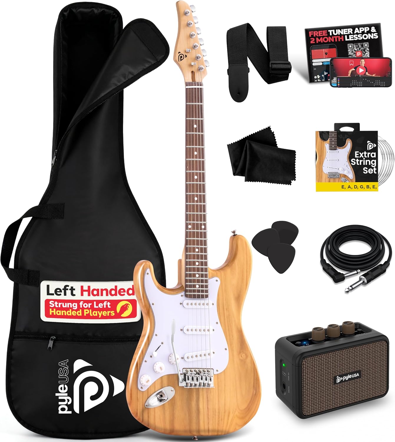 Pyle Left Handed Electric Guitar and Amp Kit - Full Size 39' Starter Kit with Wearable Bluetooth Amplifier, 1/4' Cable, Zip Case, Strap, Strings, Picks, Cleaning Cloth, ST-Style, (Natural Lefty)
