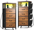 EnHomee Nightstand Set of 2, Night Stand with Charging Station & LED, Bedside Table with Fabric Drawers and Storage Shelf, Sturdy Steel Frame, Wood Top, Cloth Bags, Hooks, Brown