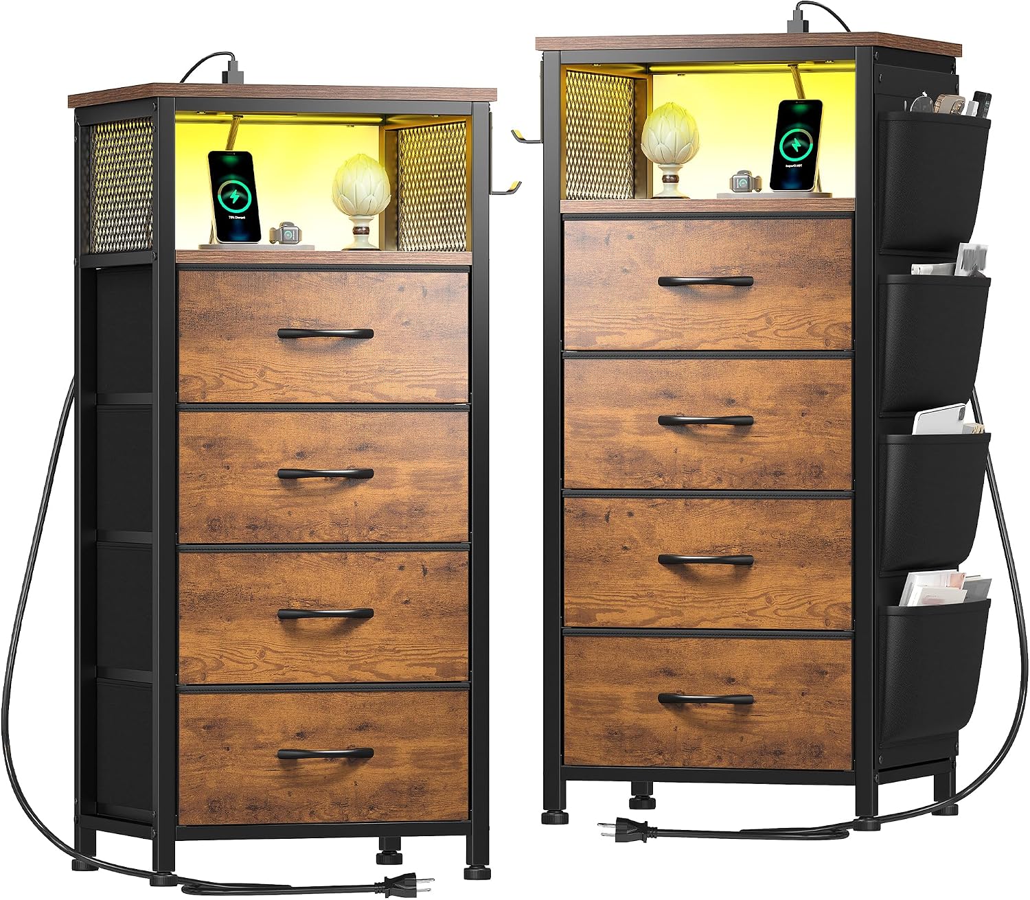 EnHomee Nightstand Set of 2, Night Stand with Charging Station & LED, Bedside Table with Fabric Drawers and Storage Shelf, Sturdy Steel Frame, Wood Top, Cloth Bags, Hooks, Brown