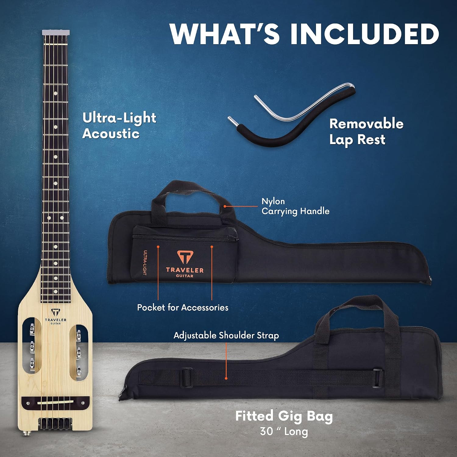 Traveler Guitar Ultra-Light Acoustic Guitar Maple | Portable Acoustic with Removable Lap Rest | Full 24 3/4' Scale Headless Guitar | Custom Gig Bag Included