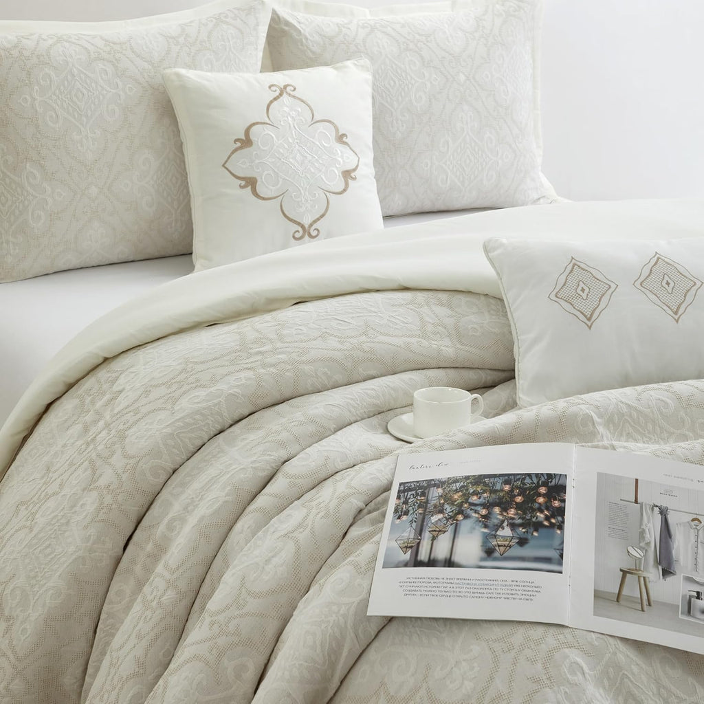 Grand Avenue 6 Piece Cotton White Comforter Set, Queen Size Jacquard Bedding Set, All Season Geometric Bedding, Matching Pillows, Shams, Bed Skirt