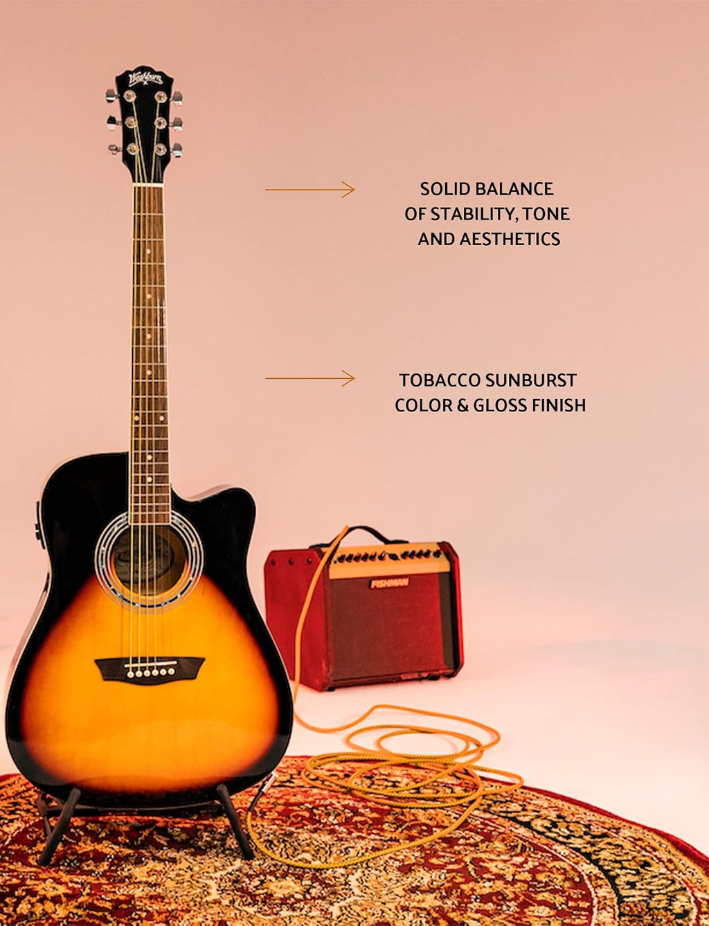 Washburn Vintage Series 6 String Acoustic-Electric Guitar, Right, Tobacco Sunburst (WA90CEVSB)