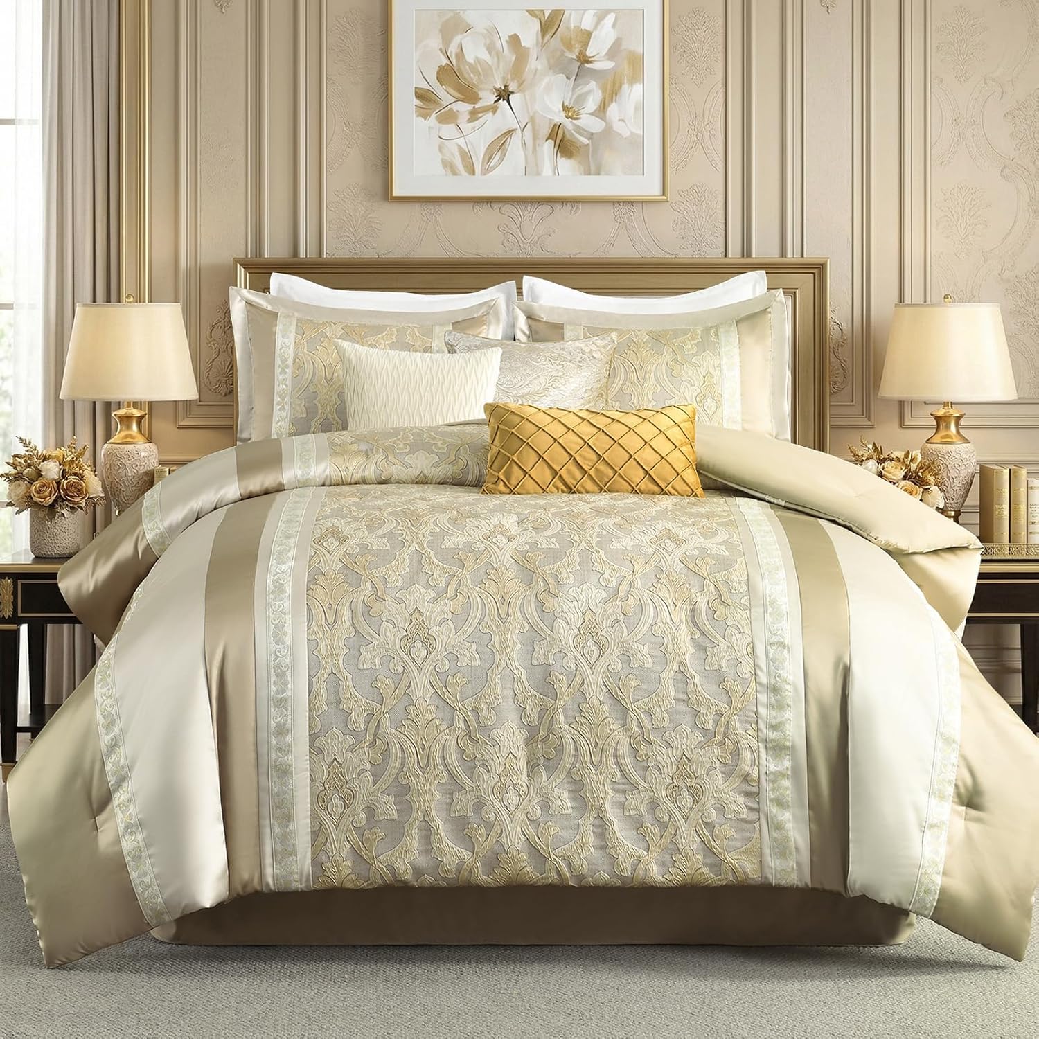 CozyDH Luxury Comforter Set King Size, Champagne Beige - 7 Piece Bed in a Bag Jacquard Vintage Floral Damask, All Season Down Alternative Bedding with Bed Skirt, Shams, Decorative Pillows, 104x90 in