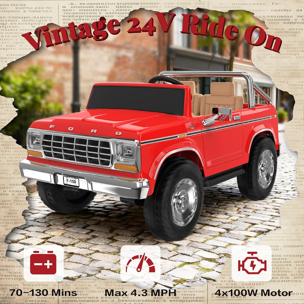 ANPABO Licensed Ford F-150 24V 2 Seater Ride on Car for Kids, 4x100W Motors for All-Terrain Electric Car w/Parental Remote, Retro Style, 3-Speeds, Large Storage Box, Music Player (Red-Orange)
