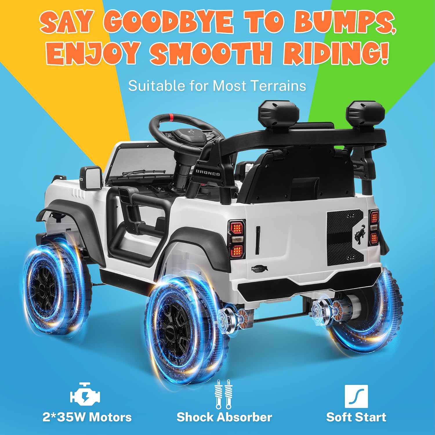 ENYOPRO 12V Electric Car for Kids Licensed Ford Bronco Raptor, Battery Powered Toddler Ride on Car w/Remote Control, Power Pedal & Durable Wheels, Soft Start, Bluetooth, LED Lights, Horn(White)