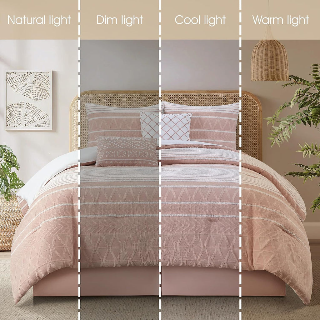 Grand Avenue Cotton King Size Comforter Set, 6 Piece, Blush Geometric Jacquard Bedding Set, Bedskirt, Pillows & Shams, Home Decor