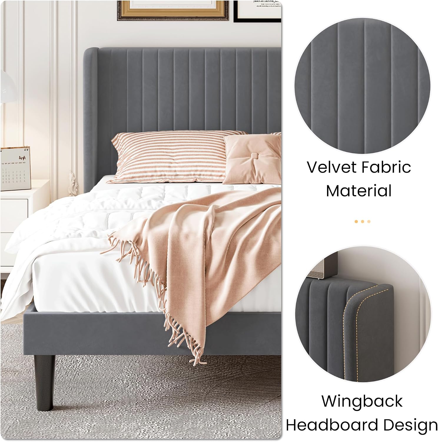 SHA CERLIN Queen Size Velvet Bed Frame with Vertical Channel Tufted Wingback Headboard, Upholstered Platform Bed with Wood Slats, No Box Spring Needed, Easy Assembly, Grey
