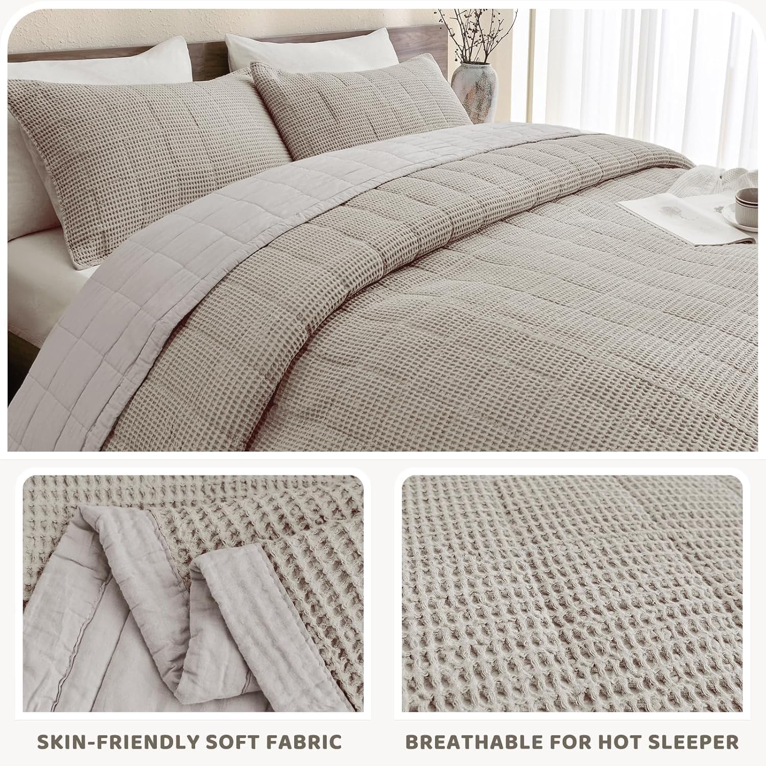 Sanracie Oversized King Quilt (106'x118'), Dark Khaki Waffle Weave Cotton Quilt Sets, 3Pcs Luxury Aesthetic Quilt Bedding Set, Soft Breathable Lightweight Farmhouse Coverlet Set for All Season