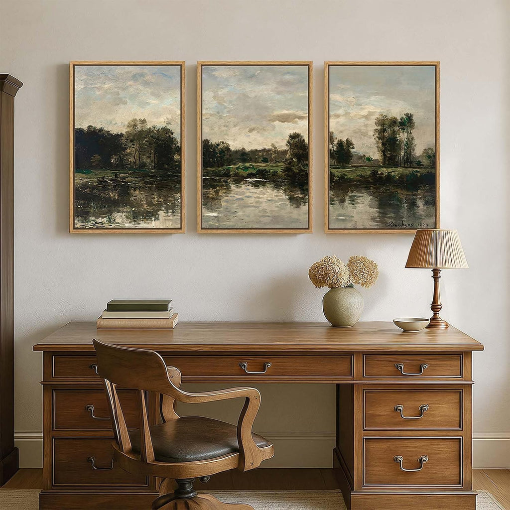Framed Vintage Landscape Wall Art for Living Room, 3 Piece Rustic Lake Forest Canvas Artwork for Walls, Large Classic Nature Scenic Painting Prints for Bedroom Office Hallway Wall Decor, 20x30 Inch
