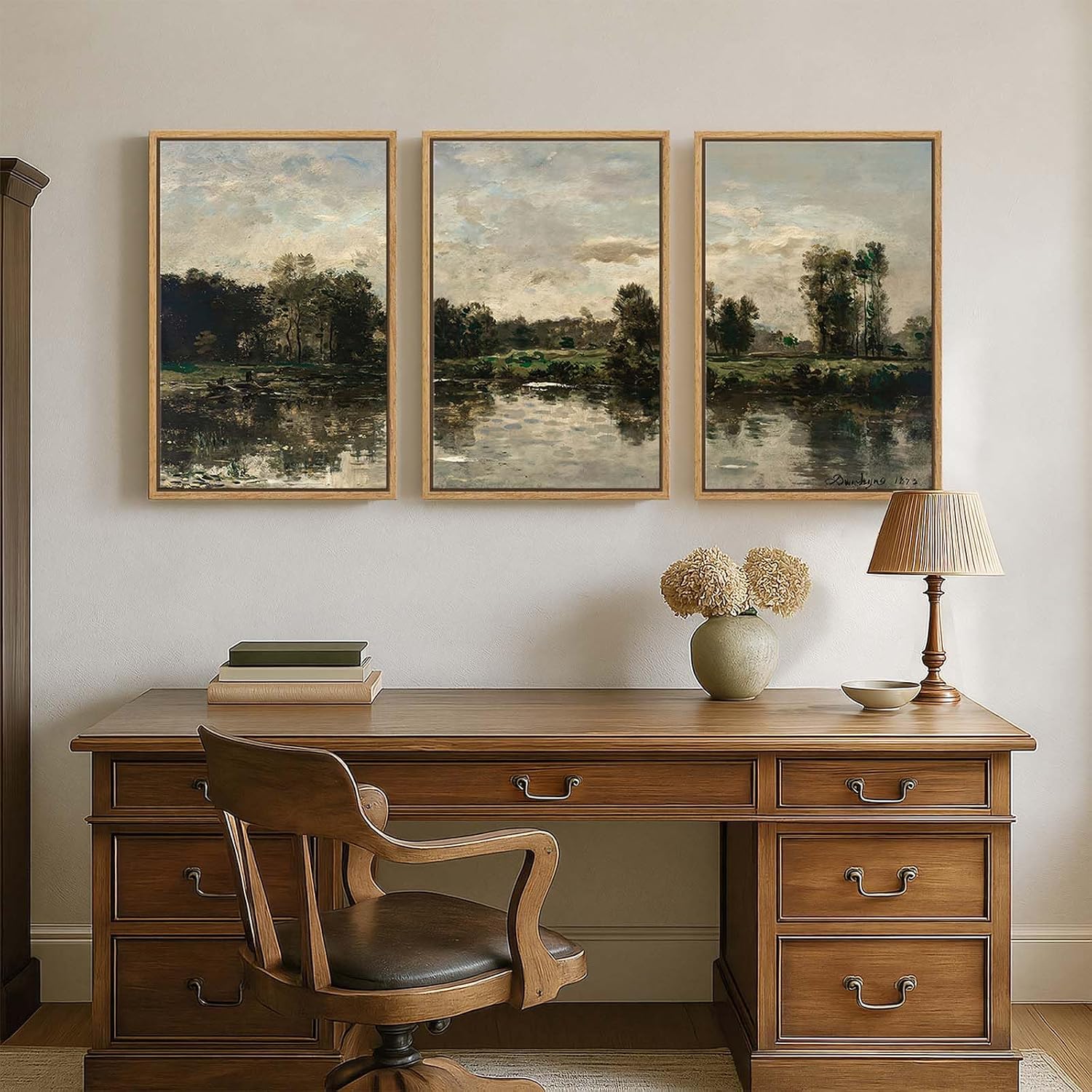 Framed Vintage Landscape Wall Art for Living Room, 3 Piece Rustic Lake Forest Canvas Artwork for Walls, Large Classic Nature Scenic Painting Prints for Bedroom Office Hallway Wall Decor, 20x30 Inch