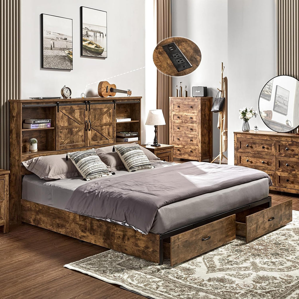 VanAcc Queen Size Bed Frame, Wooden Platform Storage Bed with 51.2' Bookcase Headboard, 2 Drawers, Charging Station/No Box Spring Needed/Noise Free(Rustic Brown)