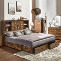 VanAcc Queen Size Bed Frame, Wooden Platform Storage Bed with 51.2' Bookcase Headboard, 2 Drawers, Charging Station/No Box Spring Needed/Noise Free(Rustic Brown)