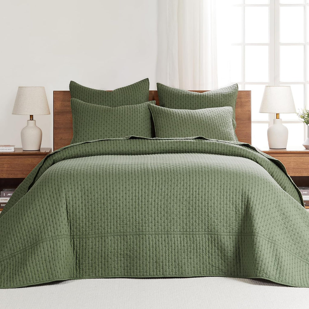 Levtex Home Cross Stitch Reversible King Bedspread Set (120x104in) with 2 Pillow Shams (36x20in) - Stitch Texture - Forest Green - Cotton King Size Bedspread Set - Soft, Pre-Washed