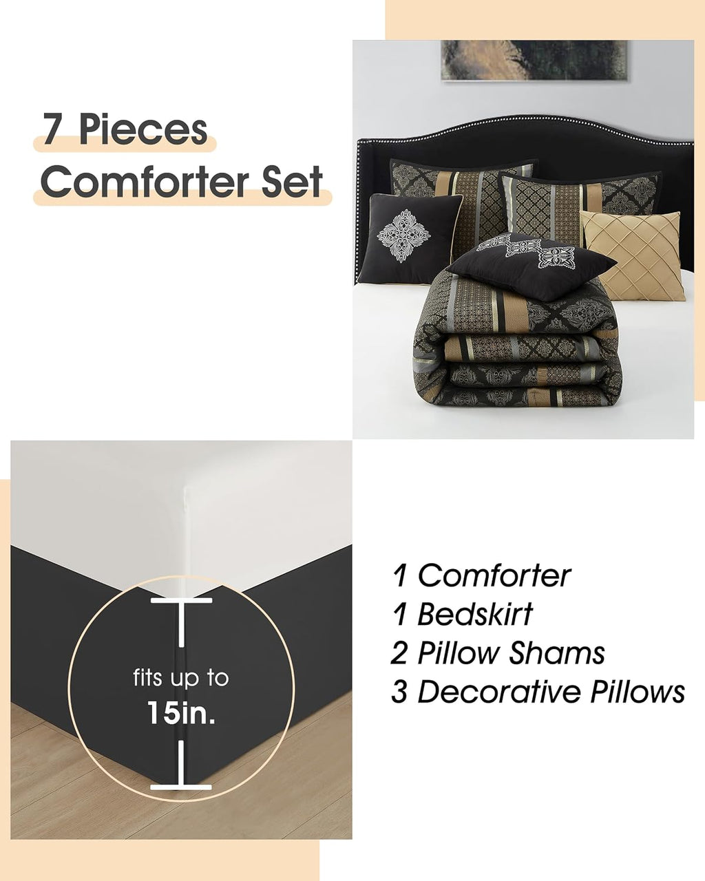 LANCO MODERN LIFESTYLE California King Comforter Set, Black Gold, Luxury Geometric Jacquard, All Seasons, 7 Pieces Bedding Set, Matching Shams, Bedskirt, Decorative Pillows