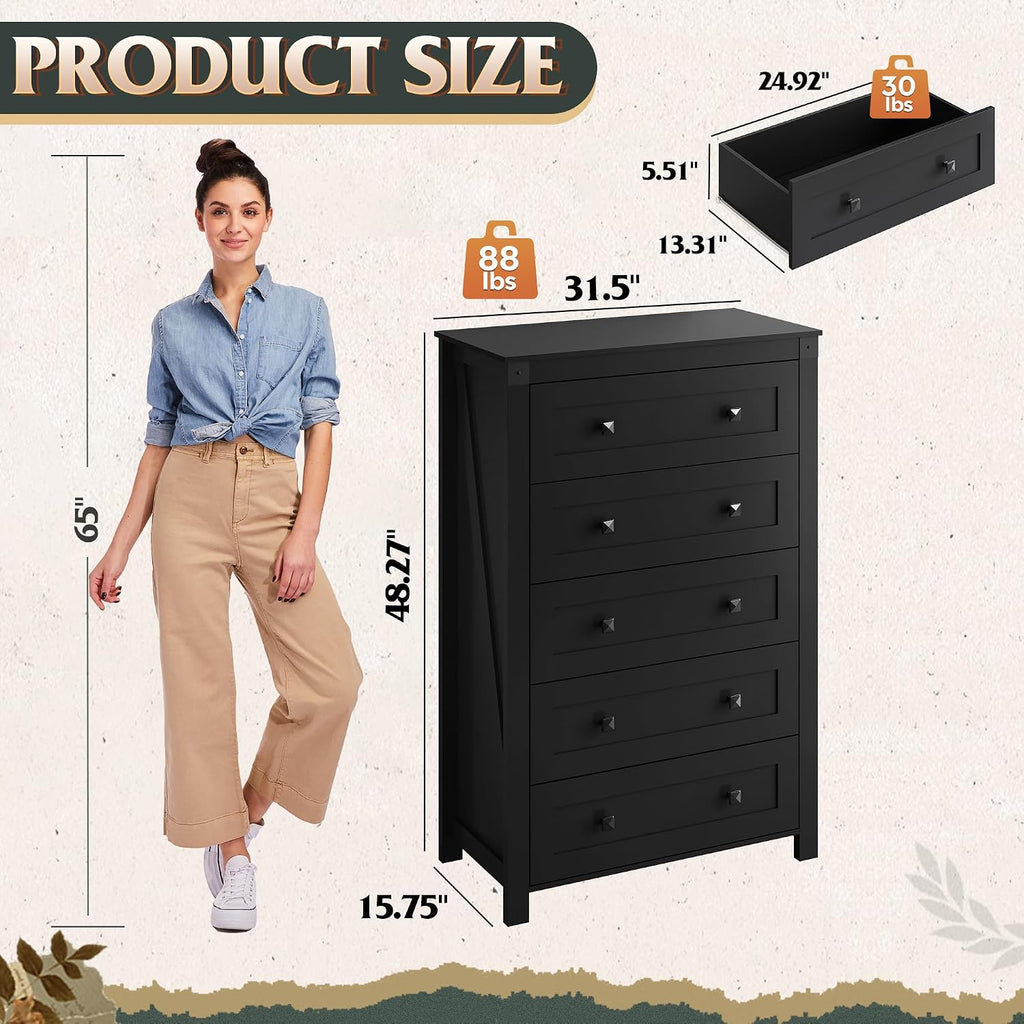WLIVE Farmhouse Black Dresser for Bedroom, 5 Drawer Dresser Storage Organizer, Tall Wood Dressers with Double Rustic Handle, Chest of Drawers for Living Room, Hallway, Closet
