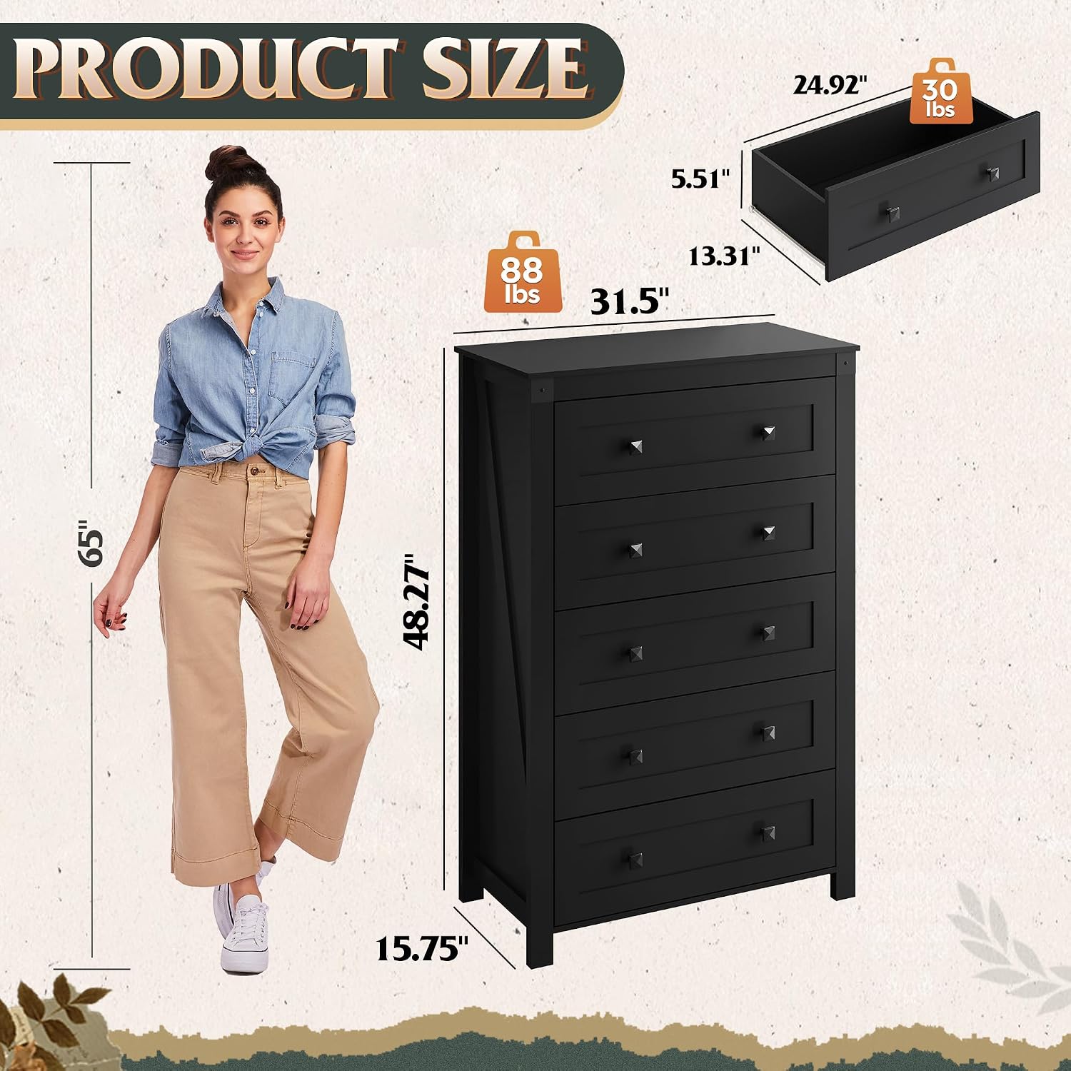 WLIVE Farmhouse Black Dresser for Bedroom, 5 Drawer Dresser Storage Organizer, Tall Wood Dressers with Double Rustic Handle, Chest of Drawers for Living Room, Hallway, Closet