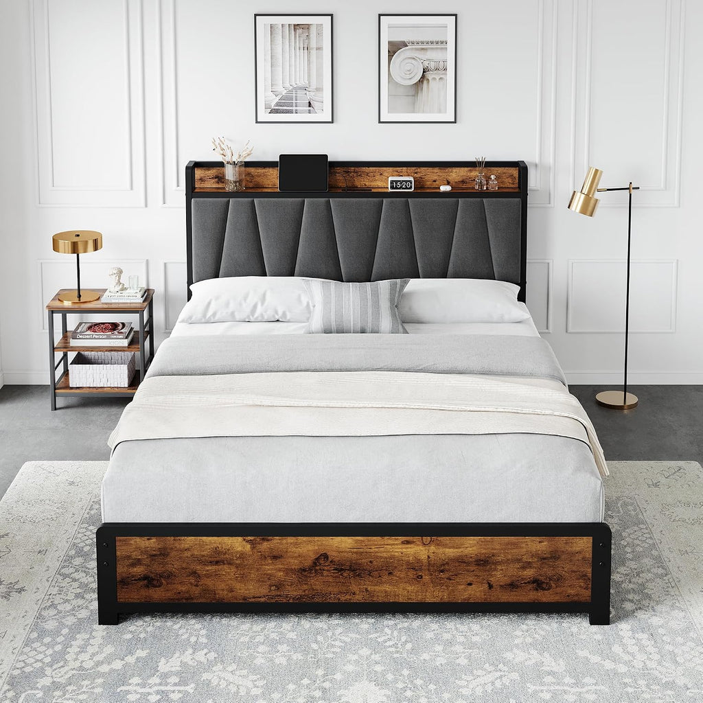 GAOMON Queen Size Bed Frame with Storage Linen Upholstered Headboard, 4 Drawers Platform Bed Frame with Charging Station, No Box Spring Needed, Easy Assembly, Vintage Brown