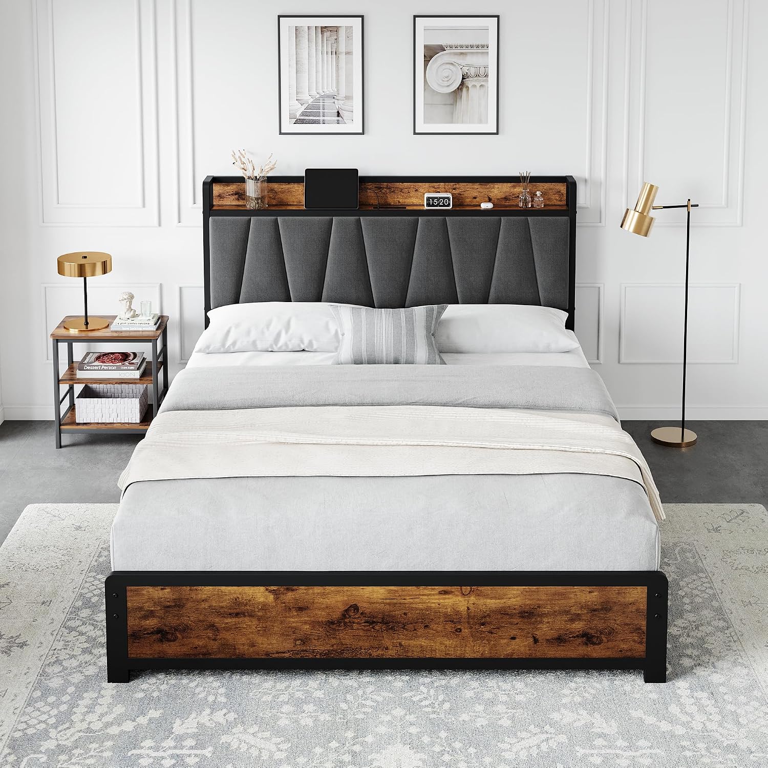 GAOMON Queen Size Bed Frame with Storage Linen Upholstered Headboard, 4 Drawers Platform Bed Frame with Charging Station, No Box Spring Needed, Easy Assembly, Vintage Brown
